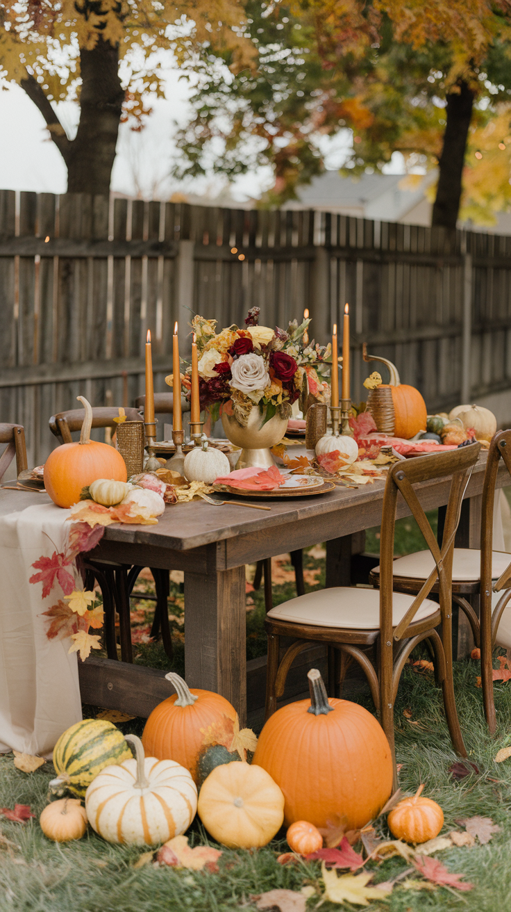 An outdoor autumn-themed table setting with pumpkins and gourds, adorned with a floral arrangement in fall colors, surrounded by lit candles and placed under trees with autumn foliage.