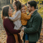 A family of four smiling and embracing outdoors in a forest during autumn, with colorful leaves on the ground and trees in the background.