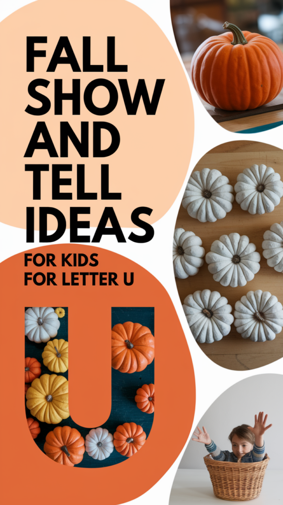 Collage with the text 'Fall Show and Tell Ideas for Kids for Letter U' alongside images of pumpkins and a child sitting in a wicker basket with arms raised.