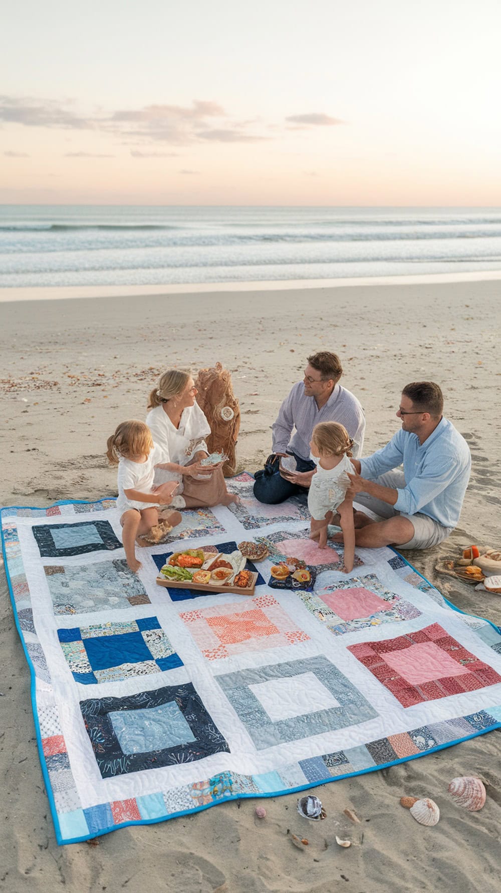 Family enjoying a picnic on a quilt at the beach with the ocean in the background.