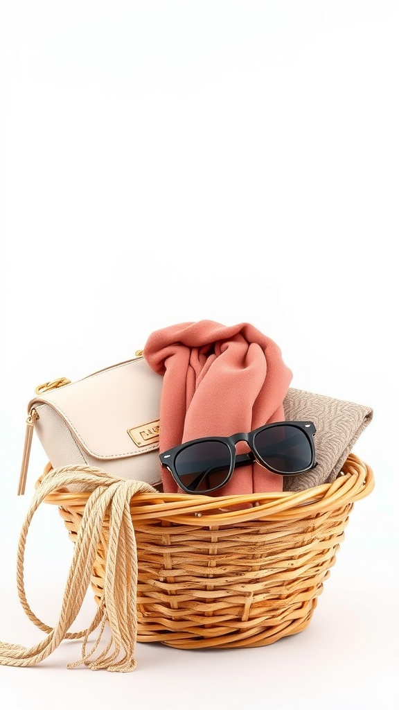 A gift basket featuring a handbag, scarf, and sunglasses.