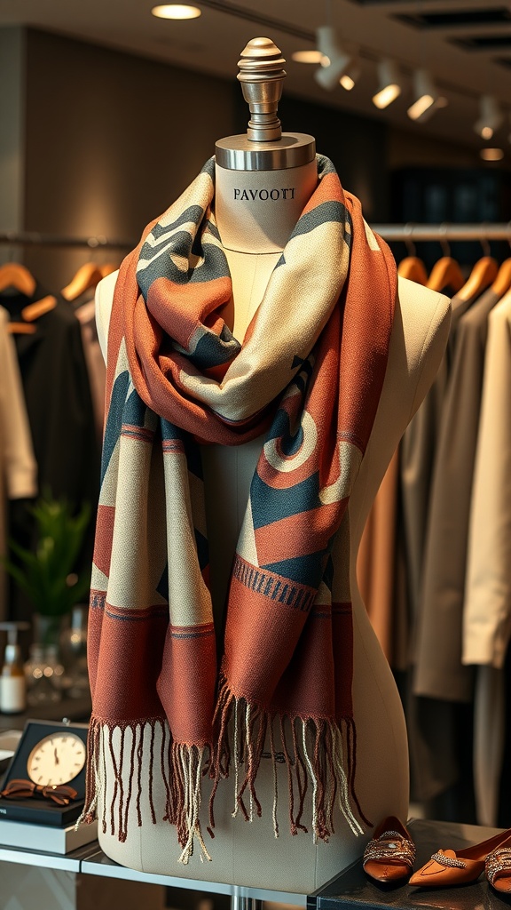A fashionable scarf displayed on a mannequin in a clothing store.