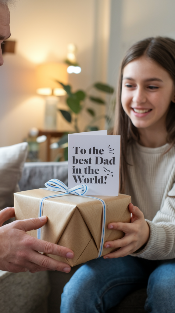A smiling girl hands a wrapped gift with a card saying "To the best Dad in the World!" to an adult seated in a cozy living room.
