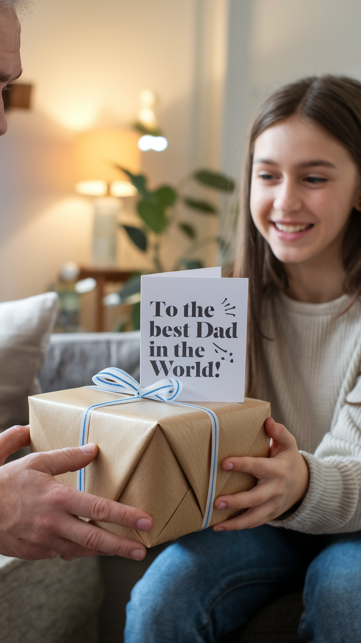A smiling girl hands a wrapped gift with a card saying "To the best Dad in the World!" to an adult seated in a cozy living room.