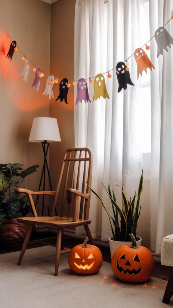 A cozy room decorated for Halloween with two carved jack-o'-lanterns glowing on the floor, a wooden chair, potted plants, and a string of colorful ghost decorations hanging in front of a white curtain.