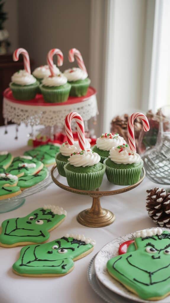 Festive cupcakes with green frosting topped with candy canes sit on a decorative stand, surrounded by cookies shaped like a green character with a mischievous grin, on a table adorned with pine cones.