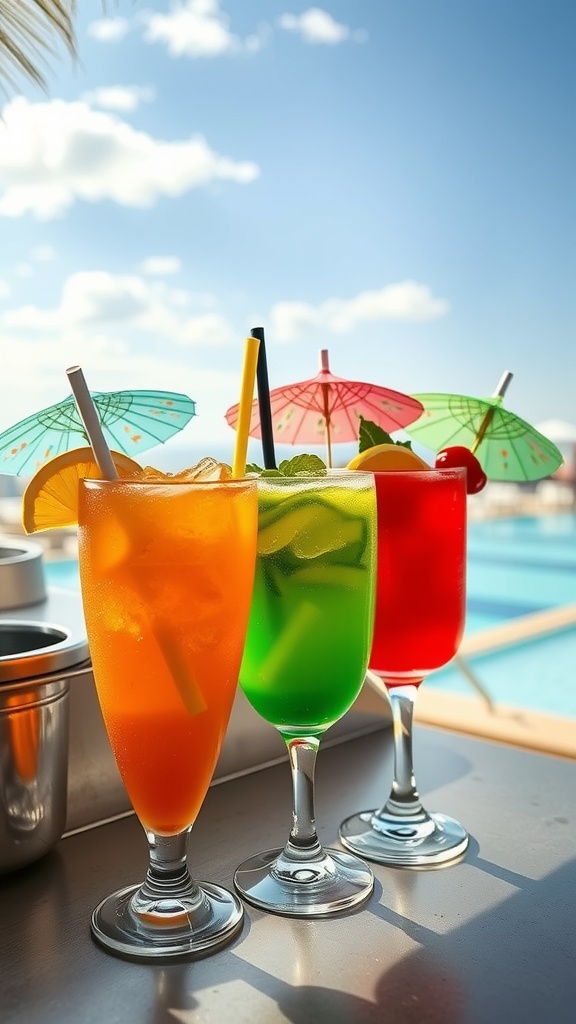 Three colorful cocktails with umbrellas and straws in glass goblets, set on a sunny poolside table with a clear blue sky in the background.