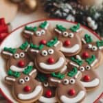 A plate of reindeer-shaped cookies with festive icing, decorated with green antlers, red noses, and white and black details. The plate is surrounded by holiday decorations, including a lit candle, pinecones, and glittery ornaments.