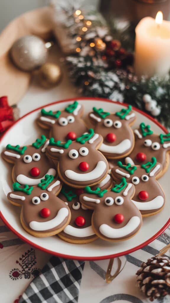 A plate of reindeer-shaped cookies with festive icing, decorated with green antlers, red noses, and white and black details. The plate is surrounded by holiday decorations, including a lit candle, pinecones, and glittery ornaments.