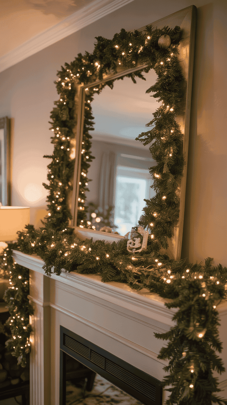 Fireplace Christmas Garland with Mirror Above