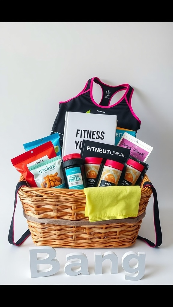 A gift basket containing a workout top, snacks, and fitness books.