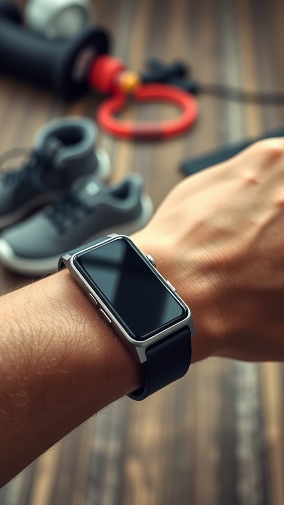 A close-up of a fitness tracker on a wrist with gym equipment in the background.
