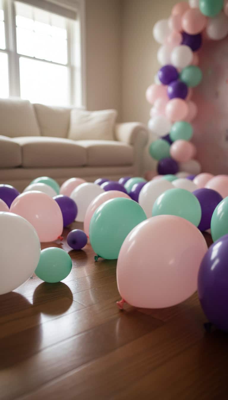 Colorful balloons scattered on a wooden floor with a sofa and a balloon arch in the background.
