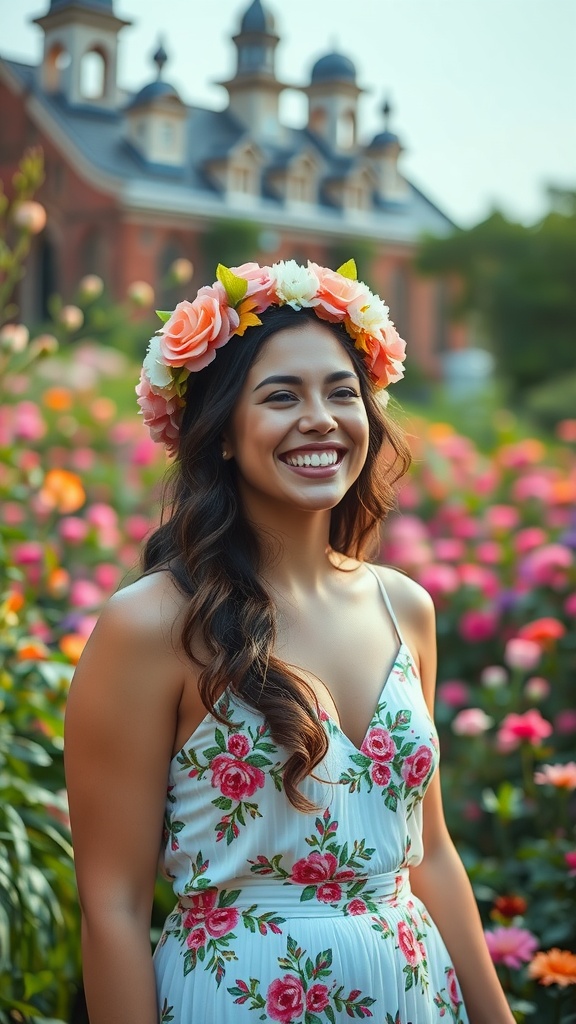 A woman smiling in a floral crown, surrounded by colorful flowers in a garden.