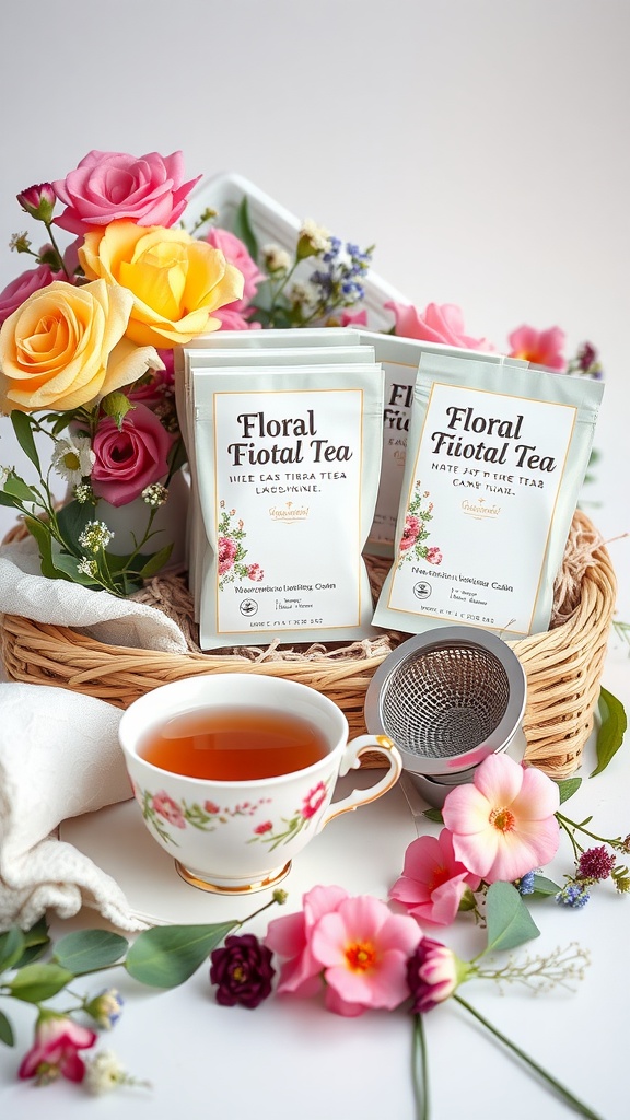 A gift basket featuring floral tea, a tea cup, and colorful flowers.