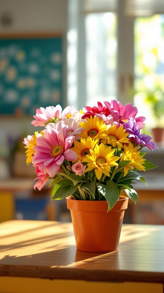 A vibrant bouquet of flowers in an orange pot on a classroom table.