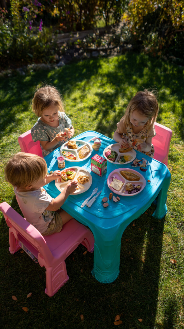 Three children sit at a small blue table outside, enjoying a meal with divided plates and juice boxes on a sunny day.