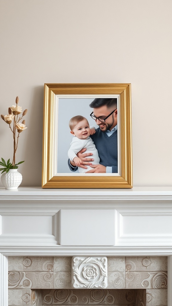 A gold-framed photograph of a smiling man holding a baby is placed on a white fireplace mantel, accompanied by a small vase with dry flowers.