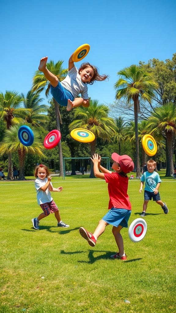 Kids playing frisbee in a sunny park