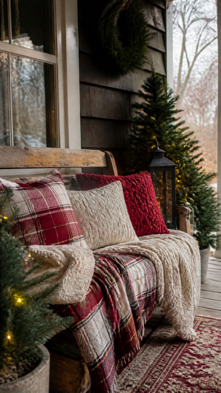 Create a Cozy Seating Area with Festive Blankets and Pillows