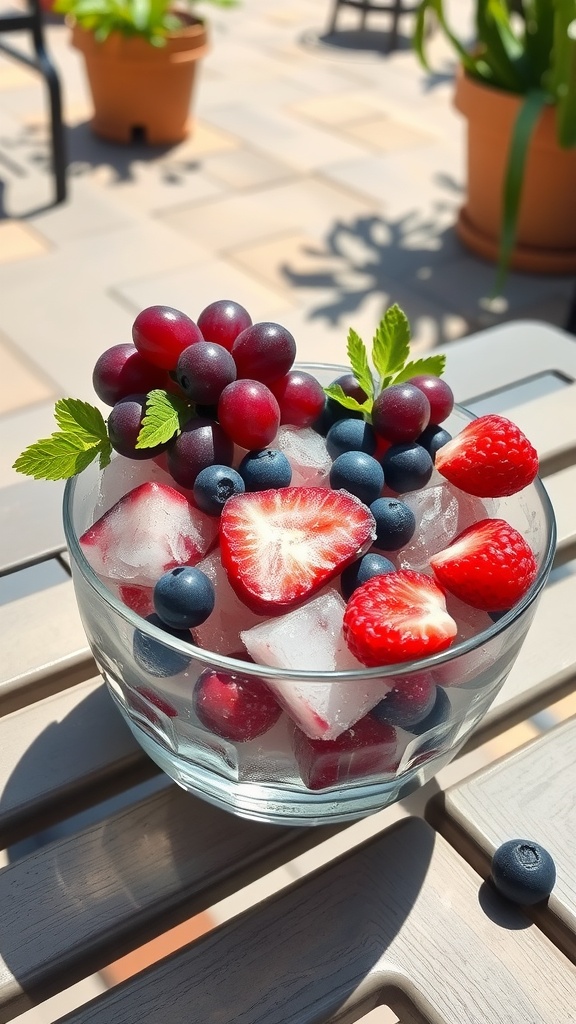 A glass bowl filled with ice cubes, strawberries, blueberries, grapes, and mint leaves, placed on an outdoor table with a sunlit patio background.