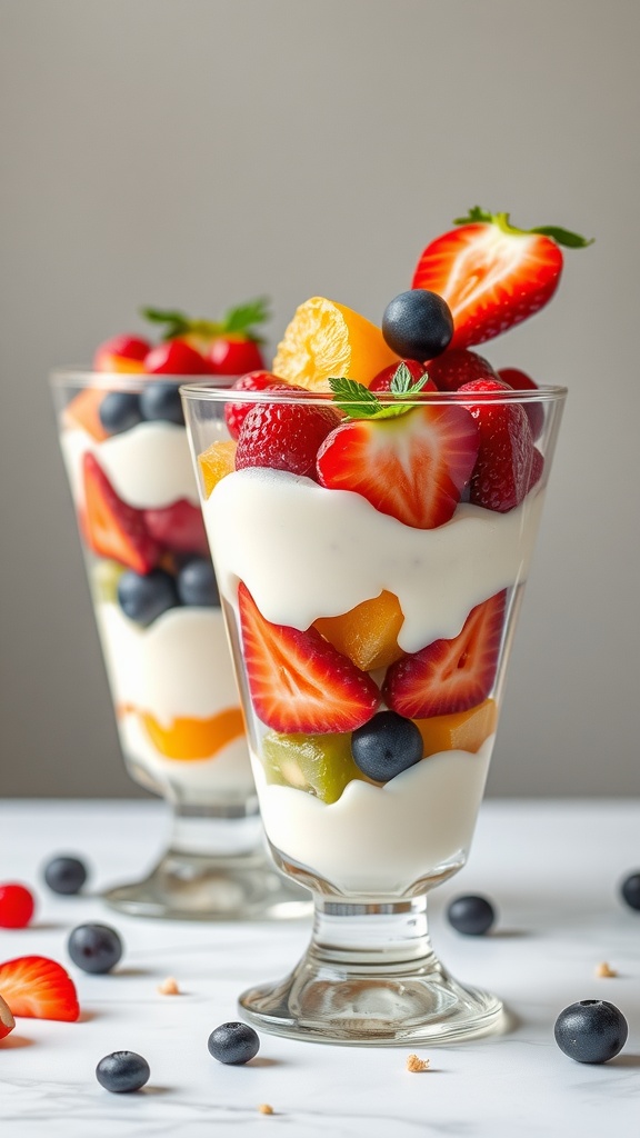 Two parfait glasses filled with layers of yogurt, strawberries, blueberries, kiwi, and other assorted fruits, placed on a white surface with scattered fruit pieces around.