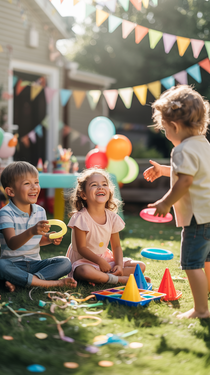 Three young children sitting and playing with colorful toys on a grassy area at a party, surrounded by balloons and bunting decorations.