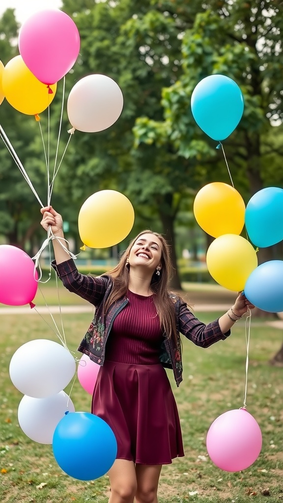 Woman holding colorful balloons while smiling outdoors.