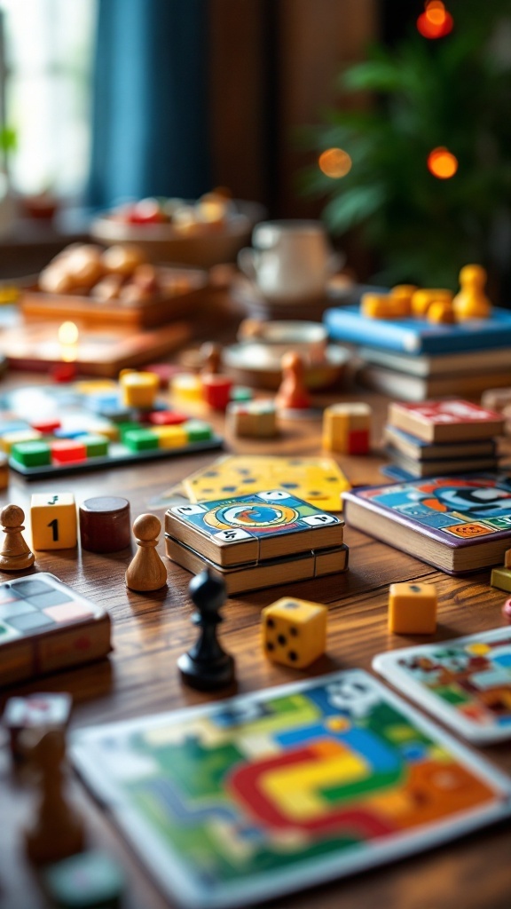 A variety of colorful board games and game pieces spread out on a wooden table.
