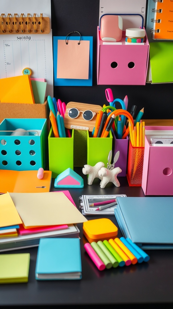 A colorful assortment of desk accessories including sticky notes, pens, and organizers.