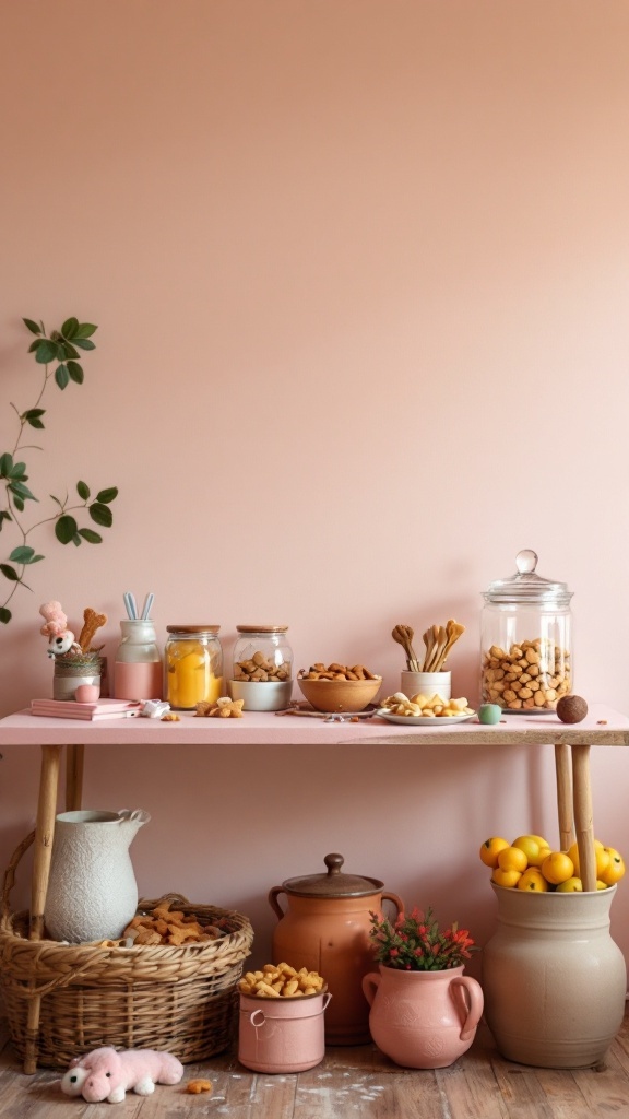 A beautifully arranged treat station with various dog treats in jars and baskets.