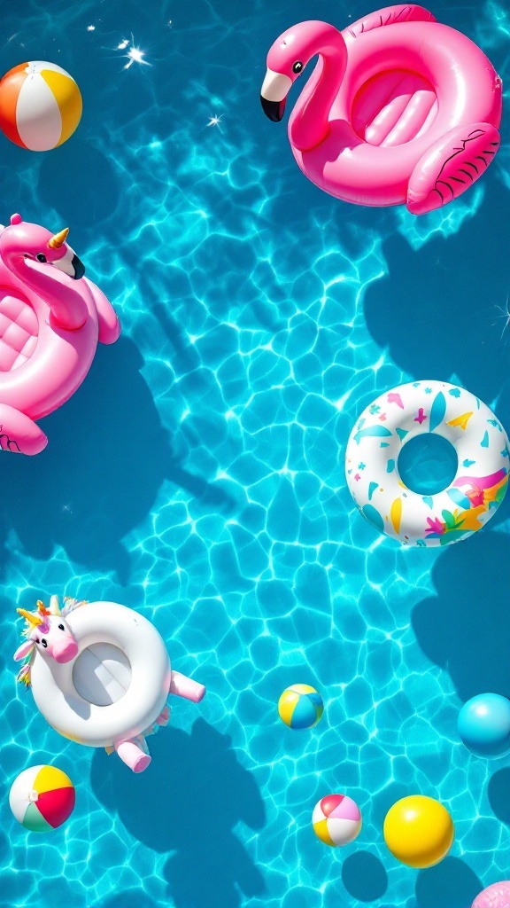 Pool with inflatable flamingo and unicorn floats, colorful beach balls, and a donut-shaped float.
