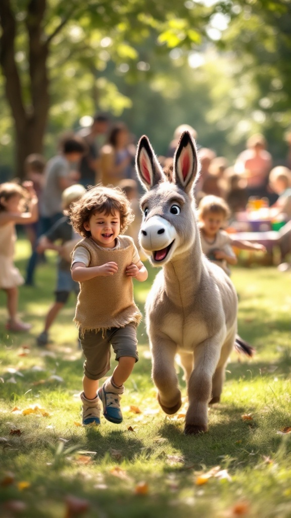 A child running joyfully alongside a playful donkey at a birthday party.