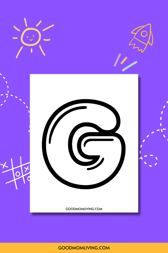 A stylized letter 'G' in bold black lines on a white rectangular background, surrounded by playful, child-like doodles of a smiling sun, a rocket, and dashed lines on a purple backdrop.