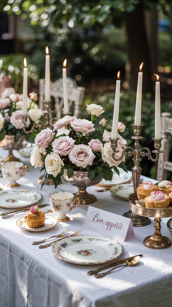 An elegant outdoor dining table set with floral-patterned china, a card reading 'Bon appétit', and adorned with blush and cream roses in silver vases, surrounded by lit candles in ornate candelabra.