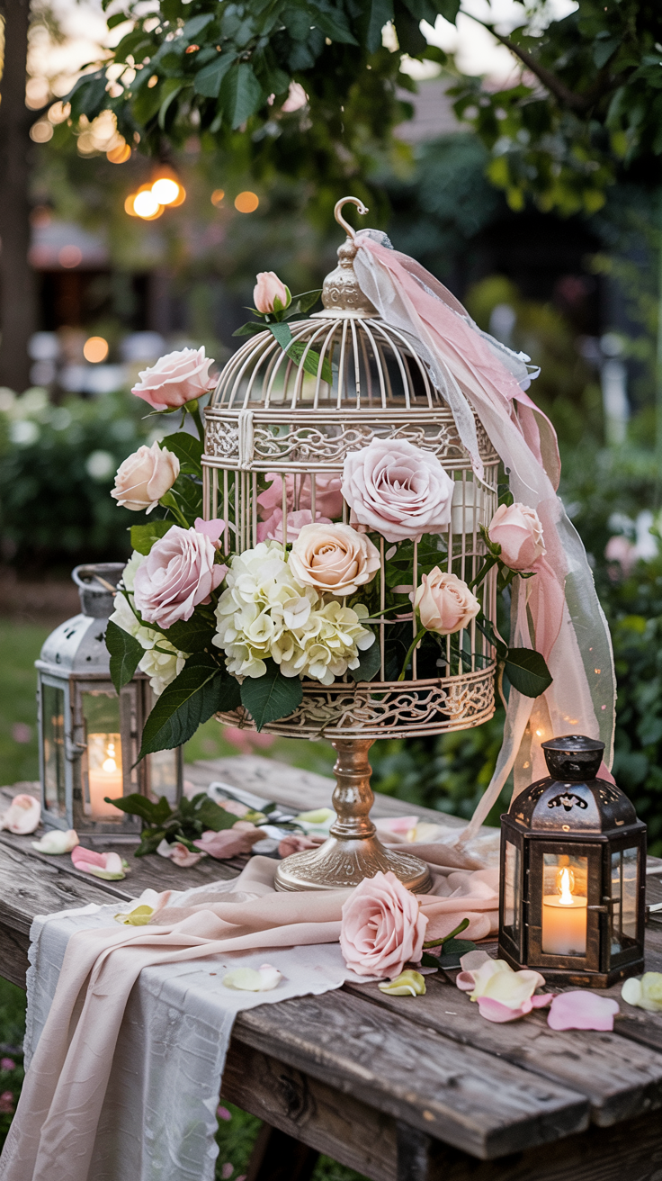 A decorative scene featuring a vintage birdcage adorned with pink and ivory roses and hydrangeas, set on a rustic wooden table. The table is also decorated with lanterns containing lit candles and soft fabric, surrounded by scattered rose petals in an outdoor garden setting at dusk.