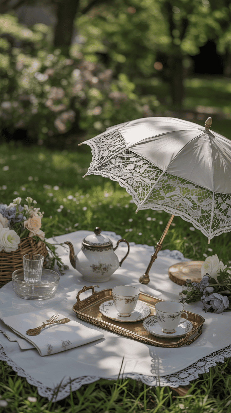 Garden Picnic Inspiration with Parasols and Lace