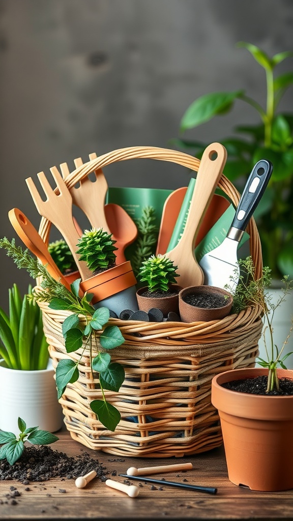 A beautifully arranged gardening starter kit with tools, pots, and small plants.
