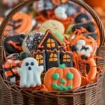 A wicker basket filled with Halloween-themed cookies, including designs of a ghost, jack-o'-lanterns, and a haunted house, decorated in orange, black, and white icing.
