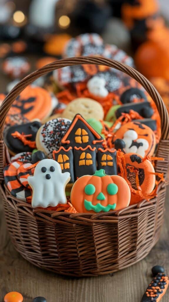 A wicker basket filled with Halloween-themed cookies, including designs of a ghost, jack-o'-lanterns, and a haunted house, decorated in orange, black, and white icing.