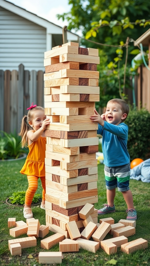 Children playing Giant Jenga outdoors