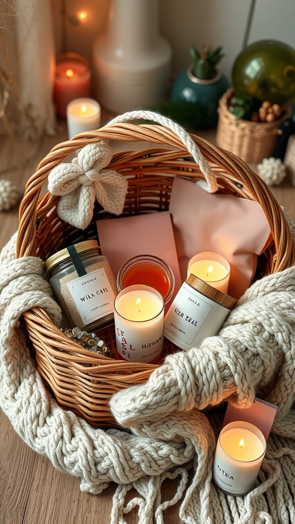 A cozy gift basket containing candles, tea, and a soft blanket, perfect for relaxation.