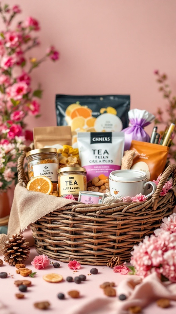 A beautifully arranged gift basket filled with snacks, tea, and decorative elements.