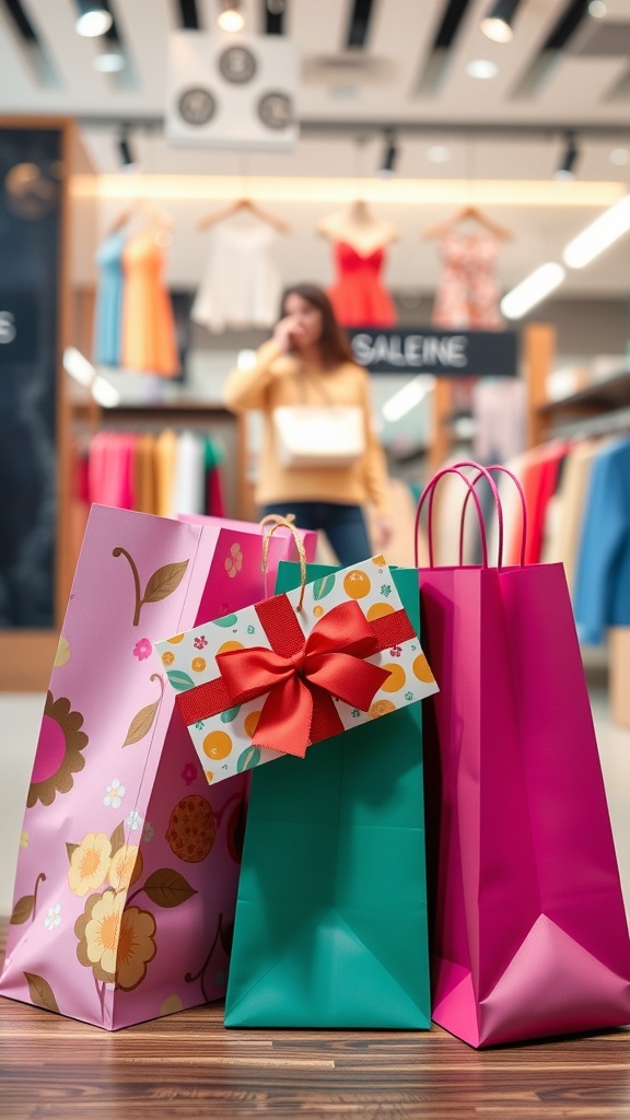 A colorful assortment of gift bags with a gift card on top, set in a vibrant store.