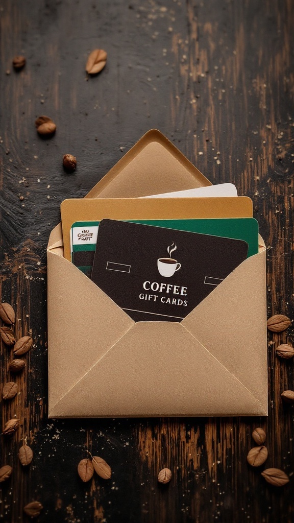 An envelope with assorted coffee gift cards on a wooden table with coffee beans.