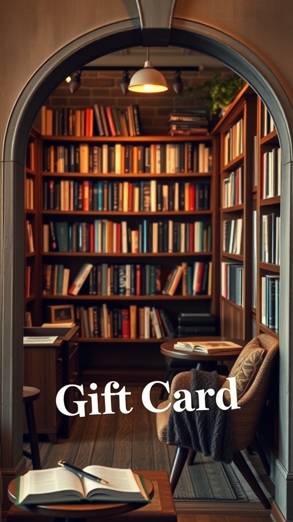 A cozy reading nook with shelves of books and a gift card prominently displayed.