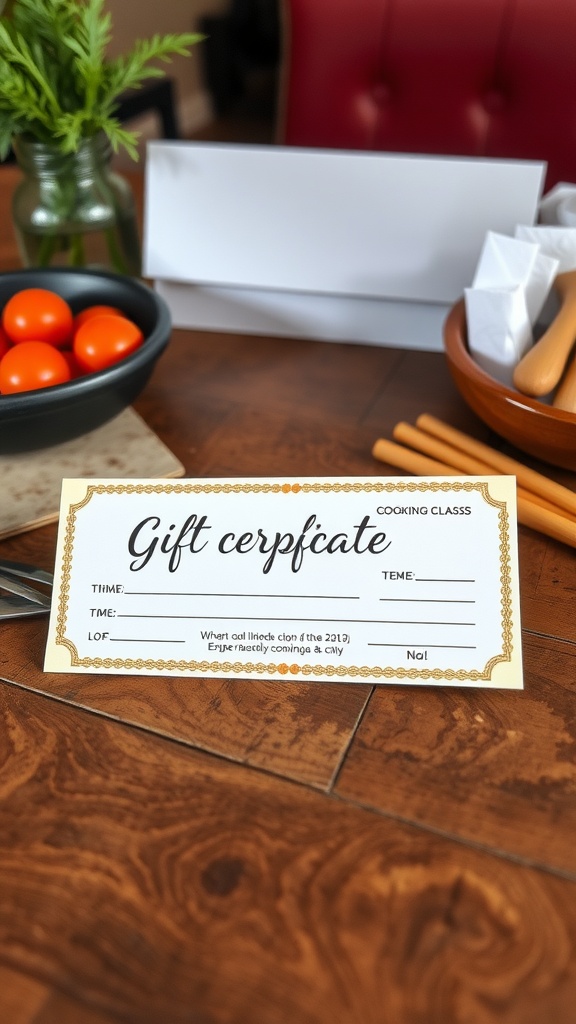 A gift certificate for a cooking class placed on a table with fresh ingredients.