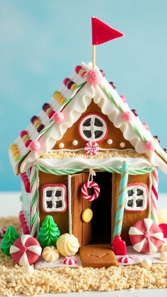 A colorful gingerbread house decorated with candy, including candy canes, gumdrops, and peppermint swirls, featuring a red flag on top and flanked by candy trees.