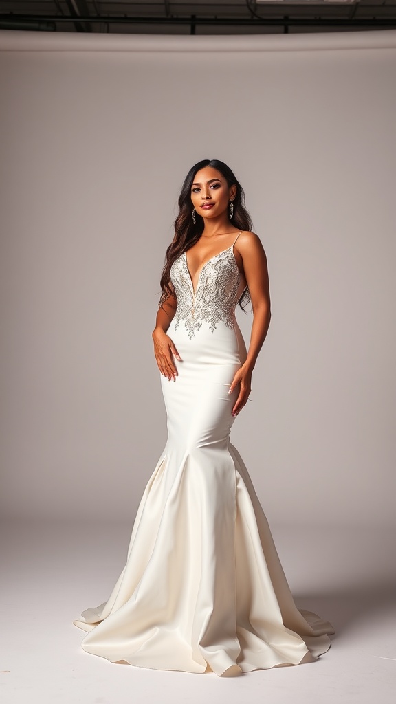 Woman in a stunning evening gown posing elegantly for a portrait.