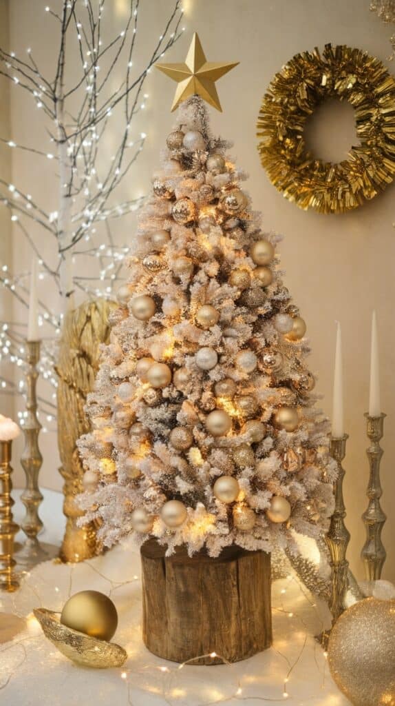 A small Christmas tree with a snow-dusted appearance, decorated with gold and silver ornaments and topped with a gold star. The tree is placed on a wooden stand, surrounded by gold decorations, candles, and a gold wreath on the wall. White lights illuminate the scene, enhancing the festive atmosphere.